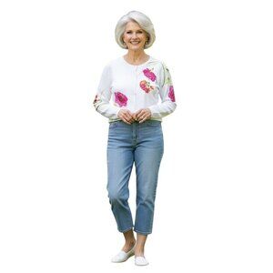 Quacker Factory White Pink Floral Sequined Plussize Cardigan Sweater Size 1X